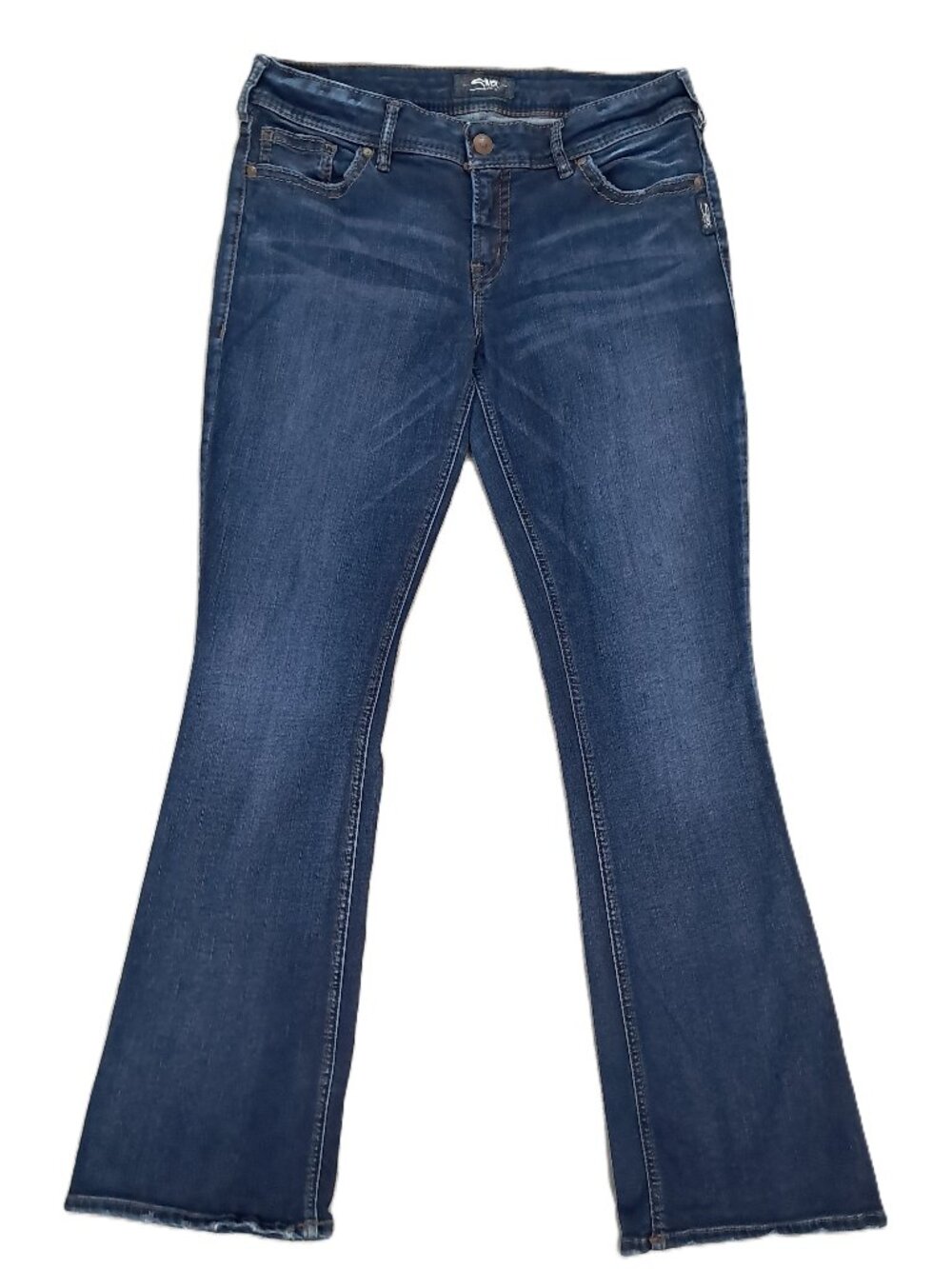 Silver Jeans Women 35x34, Tag 34x35 Suki Bootcut Distressed Blue Denim Stretch